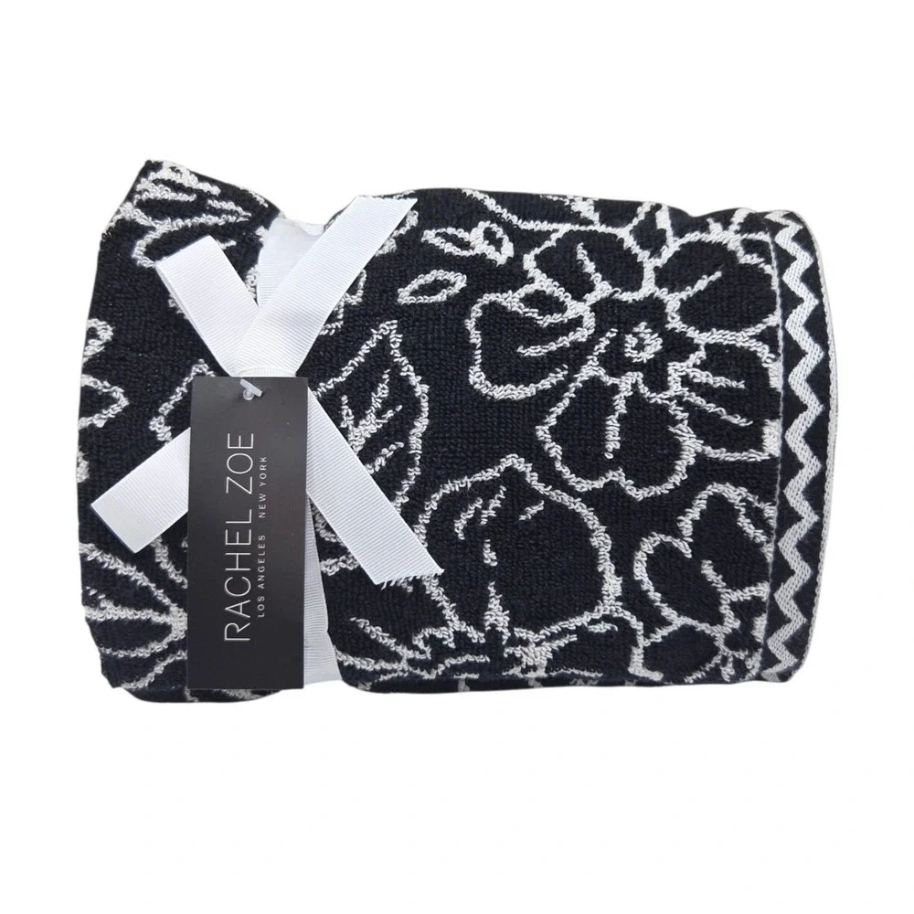 Rachel Zoe Black Ecru Floral Reversible Cotton Towel Set 4pc 2 Bath 2 Hand